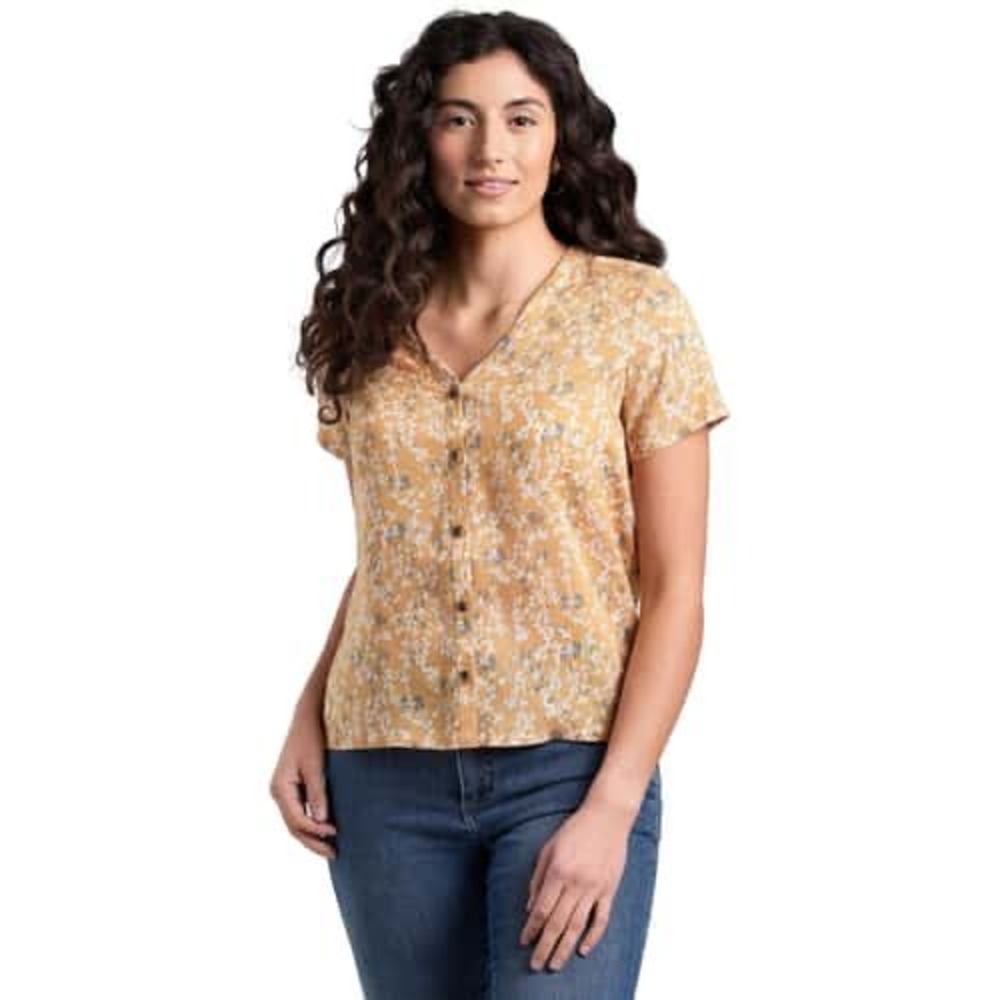 Kuhl Womens Size S Yellow Floral Print Button Front Short Sleeve Blouse
